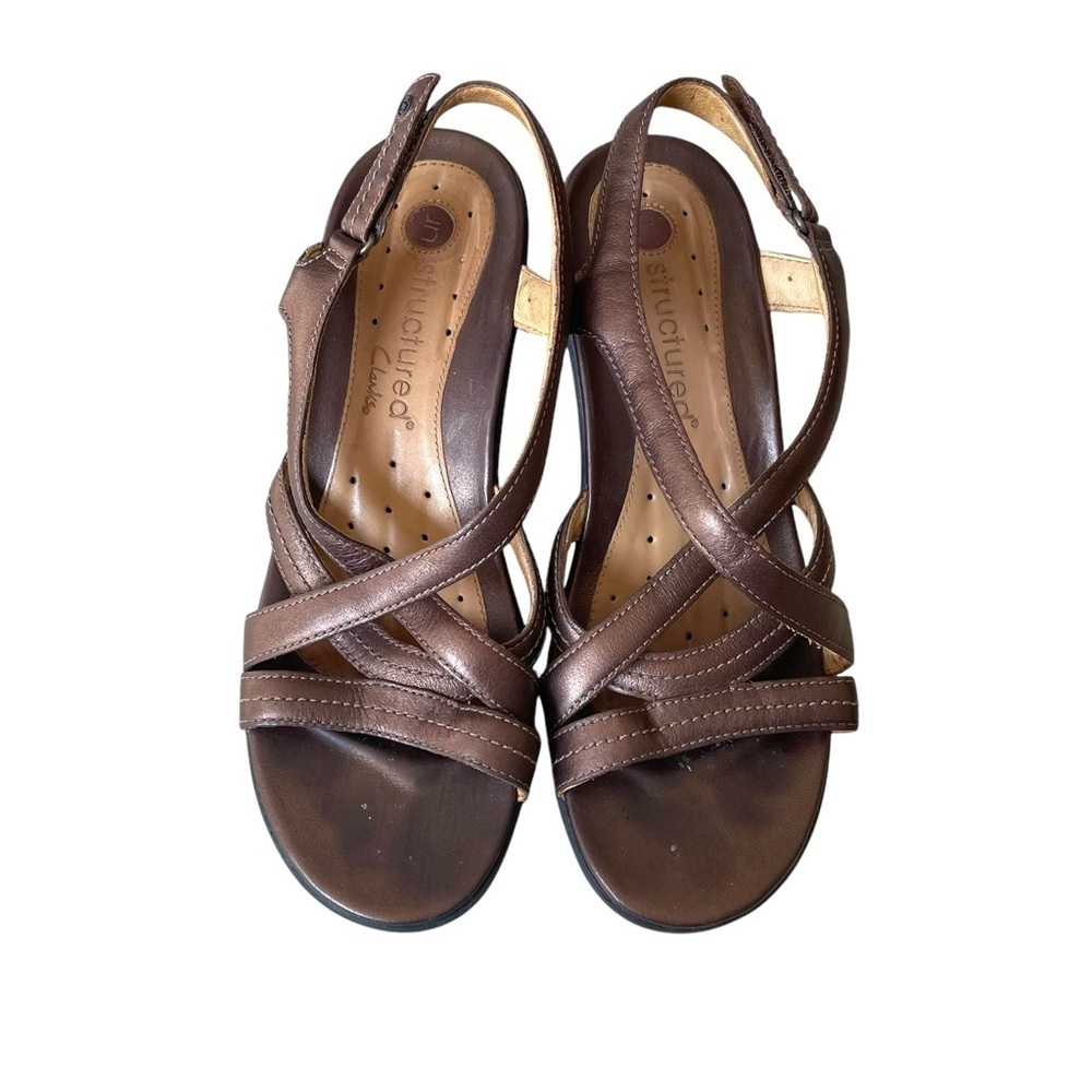 CLARKS Unstructured Leather Strappy Sandals Heel Brown Black Size 8